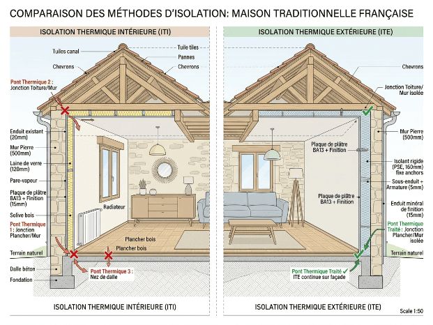 Vue en coupes de la diférence entre l'isolation interieure et exterieure