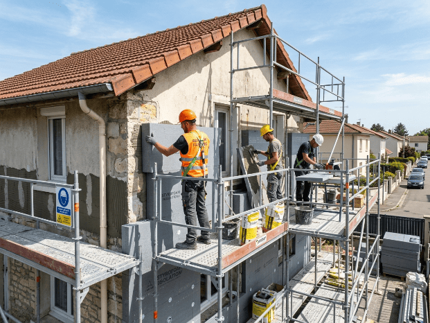 ouvrier qui installe isolation exterieure