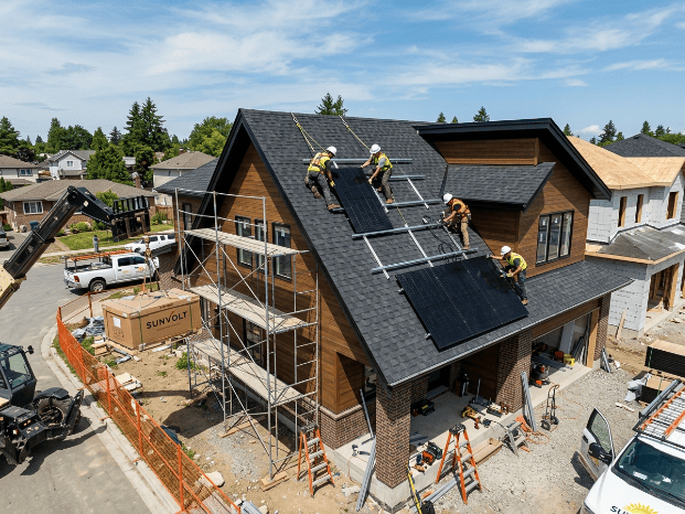 Des ouvrier installent des panneaux solaire sur un toit