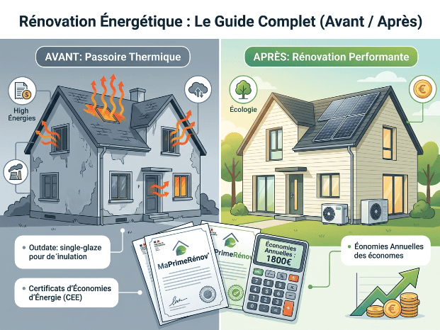 Infographie avant aprés de la rénovation énergétique