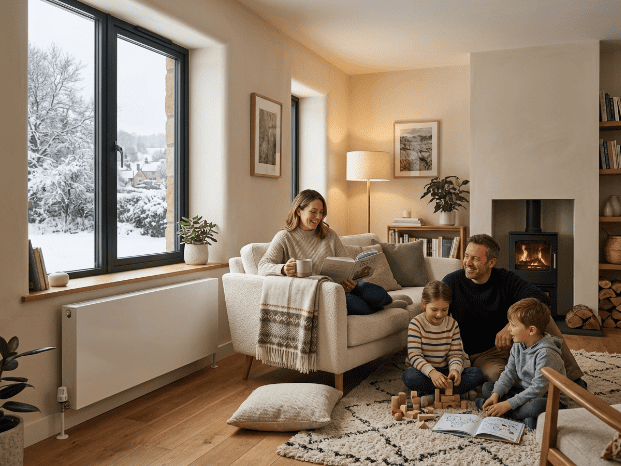 Une famille dans un salon en hivers aprés un rénovation énergétique