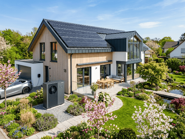 maison moderne avec une pompe a chaleur pour des economies d energies