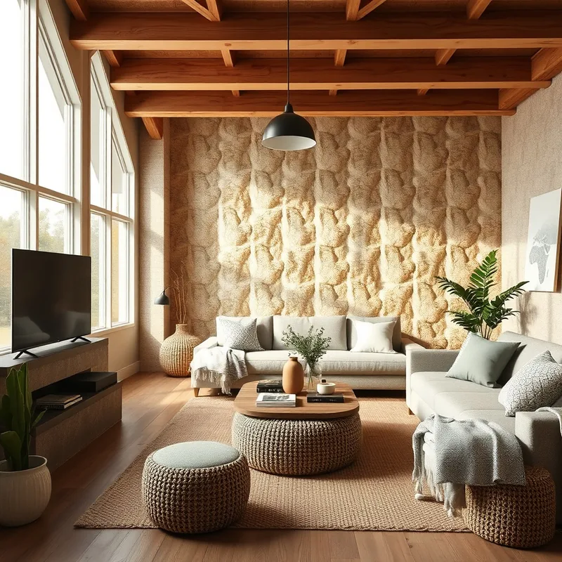 Salon confortable avec des matériaux d'isolation en chanvre et lin.