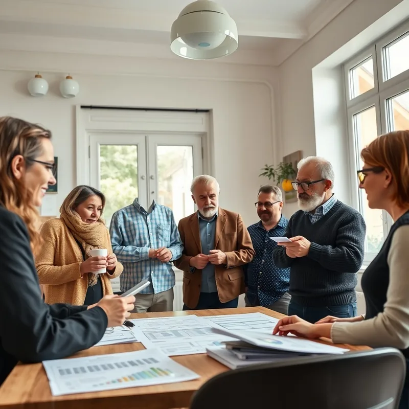 Groupe de copropriétaires discutant d'un projet de rénovation énergétique.